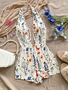 Soleia Women's Vacation White Knit Textured Wavy Pattern Deep V Neck Backless Sexy Bodysuit, Fashionable Fitted Romper For Party, Date, Afternoon Tea, Boho Vacation, Beach, Summer - Multicolor - View 1