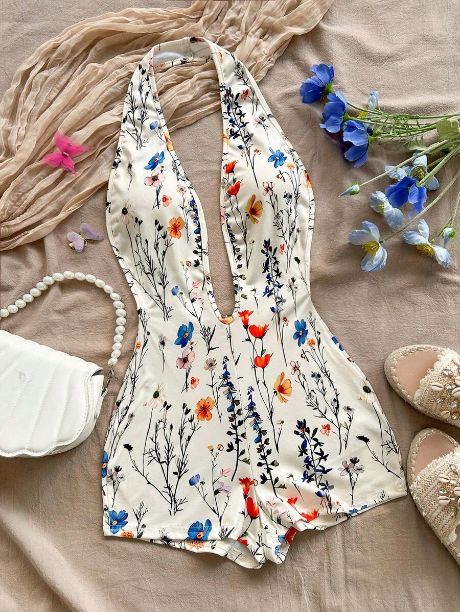 Soleia Women's Vacation White Knit Textured Wavy Pattern Deep V Neck Backless Sexy Bodysuit, Fashionable Fitted Romper For Party, Date, Afternoon Tea, Boho Vacation, Beach, Summer - Multicolor - View 1