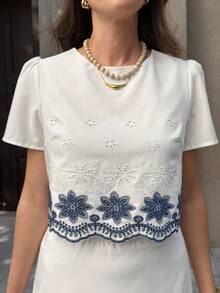 Solivie Ensemble 2 pièces Top à manches courtes col rond et jupe avec motif floral brodé, pour les vacances, les rendez-vous, les sorties. Robe blanche femme avec broderie bleue et blanche, robe blanche modeste, robe blanche style français, robe blanche vintage. Tenues d'été pour femmes. Tenues décontractées et élégantes pour femmes. - Bleu et Blanc - Voir 8