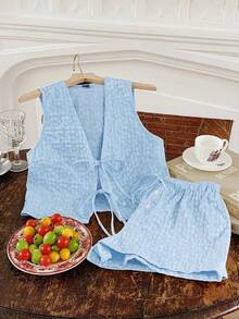 Comfortcana Conjunto informal de top de tirantes con cuello en V trenzado y pantalones cortos en color azul claro para mujer - Celeste - Ver 3