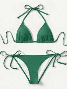 SHEIN Swim Bộ bikini buộc dây cổ trước màu trơn 2 mảnh - Màu xanh Bạc hà - Xem 1