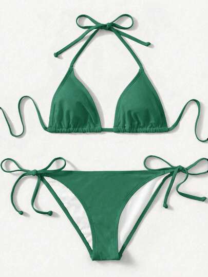 SHEIN Swim 2pcs Solid Color Halter Tie Front Bikini Swimsuit