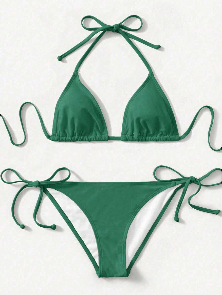 SHEIN Swim Bộ bikini buộc dây cổ trước màu trơn 2 mảnh - Màu xanh Bạc hà - Xem 1
