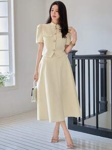 DAZY 女士优雅纯色立领泡泡袖假口袋衬衫半裙两件套，春夏婚礼宾客礼服 - 黃色 - 查看 6