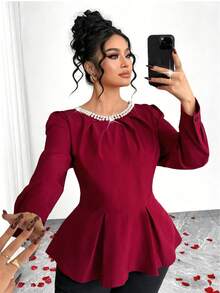 Elenzga Áo cánh dáng chữ A dài tay cổ tròn xếp ly đính hạt cỡ lớn dành cho nữ, dáng rộng thanh lịch, mặc hàng ngày, hẹn hò, tiệc tùng, đi làm - Đỏ - Xem 5