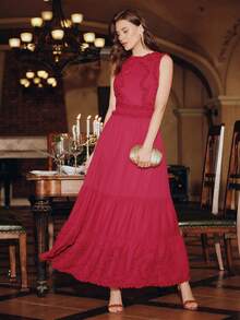 Anewsta Spring/Summer Red New Women's Round Neck Sleeveless Heavily Embroidered Ruffle Hem Waist Cinched Banquet Formal Long Dress - Red - View 4