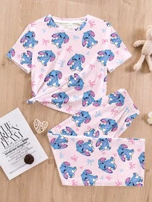Bộ đồ ngủ ngắn tay cổ tròn màu hồng và xanh dương hình thỏ hoạt hình dễ thương, họa tiết nơ Stitch, dành cho bé gái tuổi teen, kiểu dáng tối giản, thích hợp mặc hàng ngày vào mùa xuân/hè, ở nhà, đi nghỉ mát, dự tiệc, đi học. - Nhiều màu - Xem 3