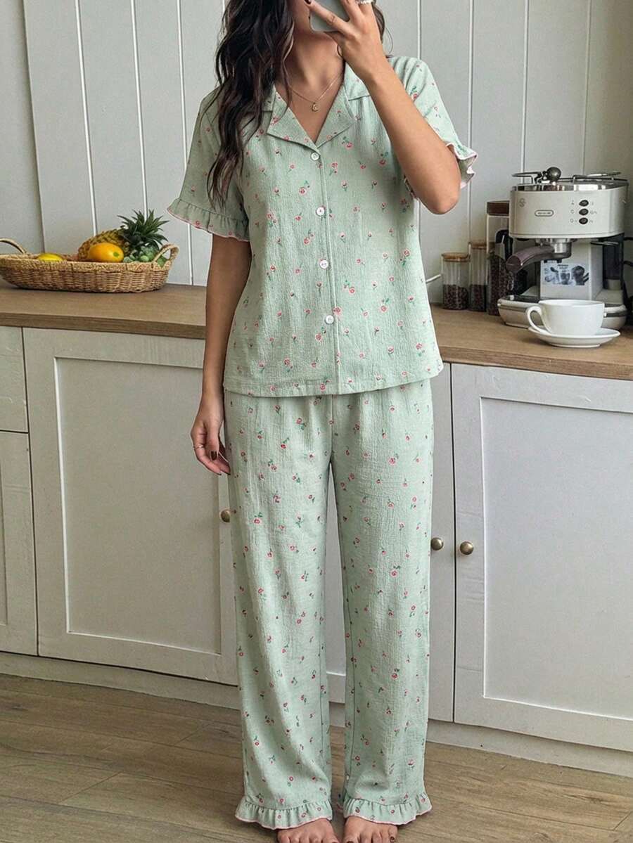 2件套少女碎花印花Polo领短袖上衣和休闲裤家居服套装 - 綠色 - 查看 1