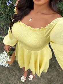 Sunnyshic Gaun Liburan Ukuran Besar Model Bahu Terbuka dengan Pinggang Terikat dan Hiasan Rumbai di Bagian Bawah - Kuning - View 7