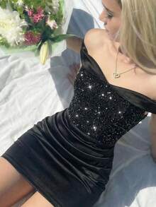 SHEIN MOD Váy ngắn satin sequin hở vai - màu đen - Xem 8