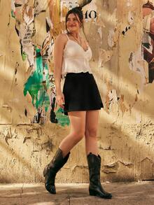 Freevana 加大码女式黑色PU休闲圣诞优雅半身裙，适合秋冬季派对假日穿着。 - 黑色 - 查看 6