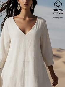EMERY ROSE Women's V-Neck 3/4 Sleeve Cotton Casual Dress - White - View 3