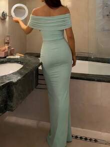 NOVVYNE Women's Elegant Party Fashion Sexy Mesh Patchwork Off-Shoulder Fitted Design Ruffle Hem Dress - Green - View 2