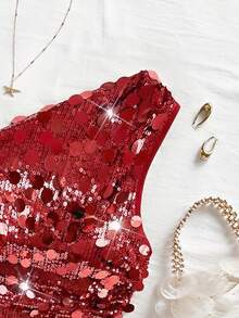 Soleia 女士不对称下摆不对称肩部上衣，休闲百搭，适合度假、海滩、婚礼宾客、毕业早午餐、圣帕特里克节、春假、复活节、音乐节、优雅波西米亚热带派对等场合，亮片装饰，棕色，情人节。 - 紅色 - 查看 3