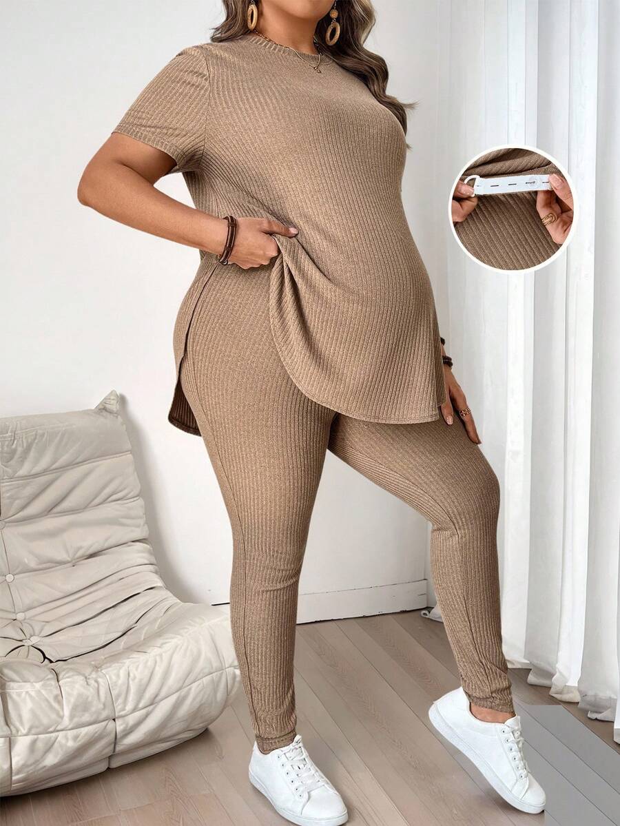 SHEIN Plus-Size Maternity Summer Outfit Women ,2pcs Maternity Plus Size Solid Color Round Neck Short Sleeve Split Hem Casual Rib Knit Set Maternity 2 Piece Set Two Piece Set Plus Two Piece Set Women Curve Two Piece Set Ribbed Two Piece Set,Plus-Size Maternity Casual Khaki Two-Piece Set, Skin-Friendly And Comfortable, Adjustable Elastic Band For A Comfortable And Non-Restrictive Fit. Knitted Two Piece Outfit Two Piece Set Women Elegant Tall Two Piece Set Knitted Set - Khaki - View 1