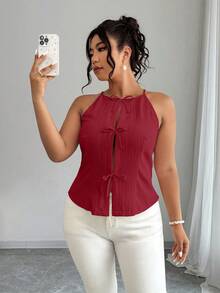 Elenzga Plus Size Summer Casual Textured Butterfly Decor Tank Top - Burgundy - View 4