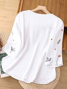 Linhara CURVE Áo cánh cỡ lớn thêu hoa văn dày, phong cách Bohemian, giản dị và thanh lịch - trắng - Xem 2