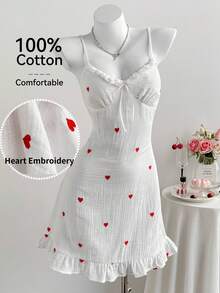 Comfortcana Valentine Plus Size Heart Print Lace Patchwork Casual Camisole Dress Cotton Dress Heart Embroidery Dress Ruffle Hem Dress Heart Dress White Dress - White - View 1