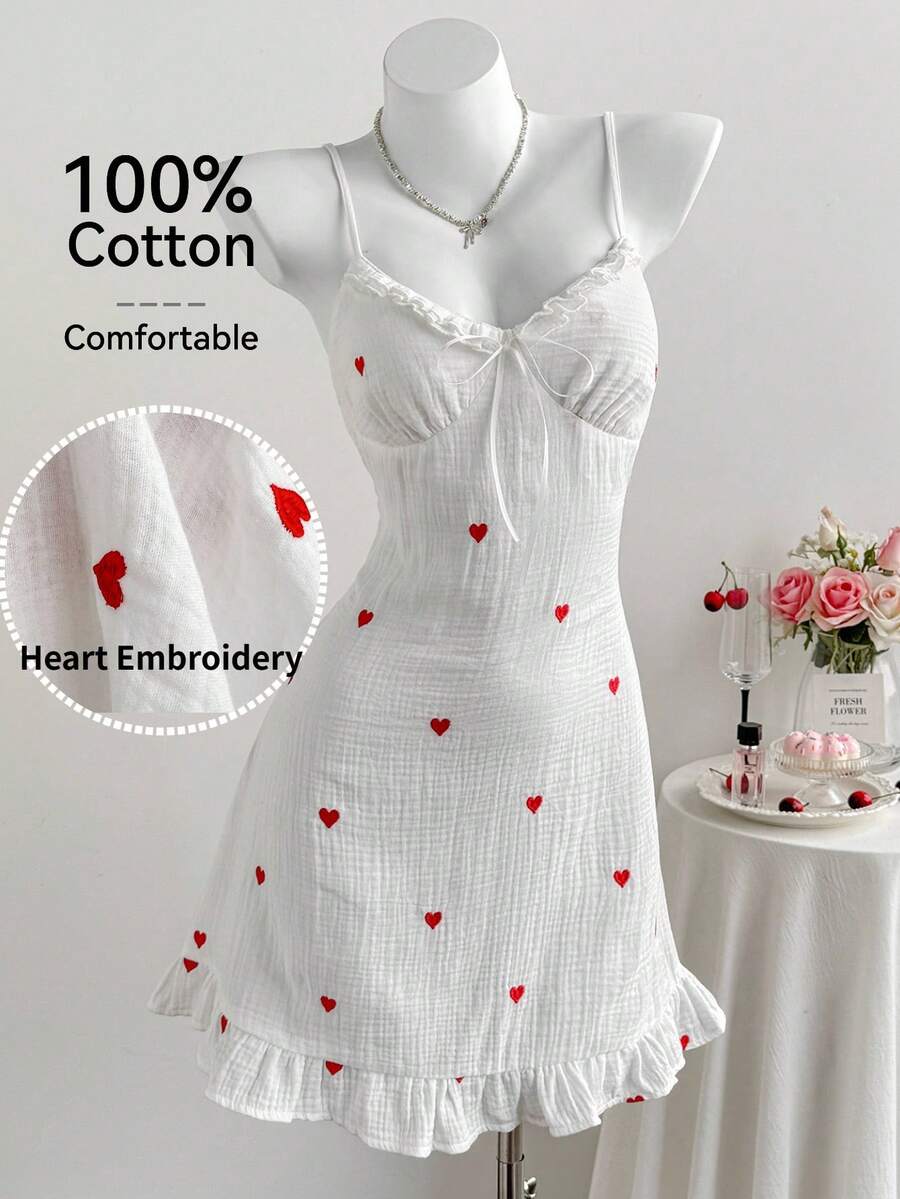 Comfortcana Valentine Plus Size Heart Print Lace Patchwork Casual Camisole Dress Cotton Dress Heart Embroidery Dress Ruffle Hem Dress Heart Dress White Dress - White - View 1
