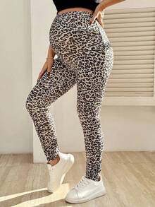SHEIN Regulowane w pasie, swobodne legginsy z nadrukiem w panterkę, uniwersalne dla kobiet w ciąży - Kolor khaki - Zobacz 7