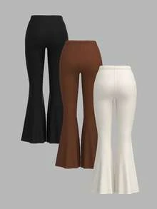 SHEIN PETITE 3pcs Women High Waist Bodycon Flared Pants Set, Suitable For Autumn And Winter - Multicolor - View 3