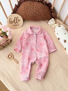 新生女宝宝可爱休闲粉色蝴蝶结图案翻领连体衣 - 彩色 - 查看 6