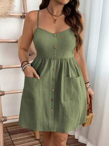 EMERY ROSE Plus Size Casual Daily Summer Pure Cotton Textured Fabric Pocket Waist Midi Strap Dress - Green - View 3