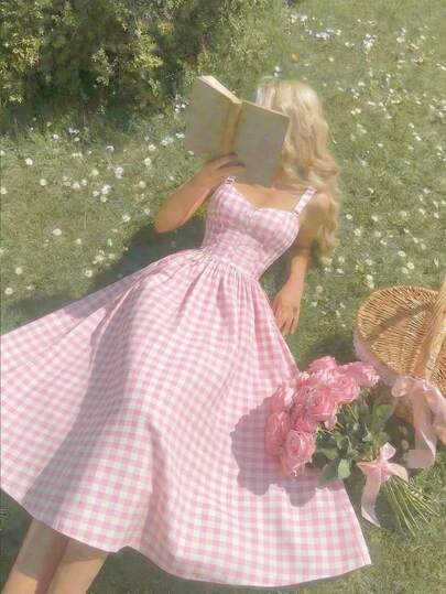 SHEIN MOD Pink And White Checkered Back Tie Large A-Line Maxi Dress – Perfect For Vacation, Date, Picnic, Party, Prom, Festival, And Birthday; Romantic Vintage Court Style Gingham Dress Picnic Dress Tea Party Dress Pink Plaid Dress Midi Women Dress , Valentines Day Outfit , Summer Clothes , Spring Women , Carnival Costume