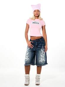 SUMWON WOMEN Print Denim Shorts With Distressed Frayed Hem High Rise Wide Leg Jorts Summer Festival Vintage Washed Casual Bermuda Length - Blue - View 3