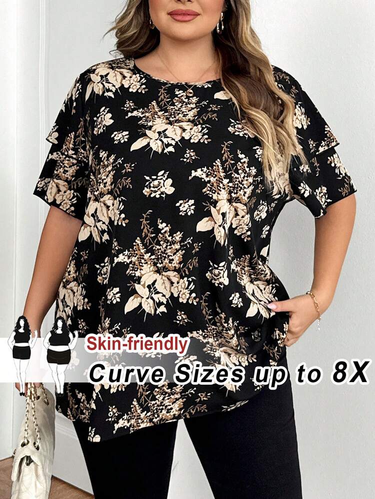 SHEIN CURVE+ Damen Große Größen Bluse mit Blume Muster und doppelter Ärmellage, elegante Sommerbluse für Frauen, süße Shirts, Sommerbluse - Verschiedenfarbig - Übersicht 9