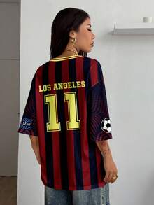 Coolane 休闲简约街头运动风红蓝条纹洛杉矶号码字母图案足球衫网眼T恤，女款，适合夏季穿着 - 彩色 - 查看 2