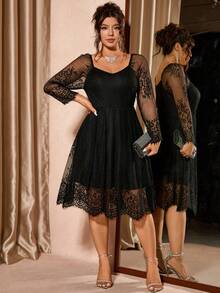 Cravure Đầm dài tay cổ chữ V ren dáng chữ A thanh lịch dành cho nữ cỡ lớn, thích hợp cho mùa thu. - màu đen - Xem 3