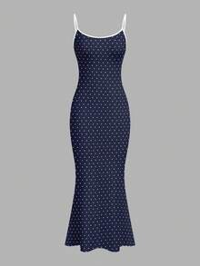 Resyla Women's Vacation Polka Dot Print High Stretch Knit Strap Ultra Long Slim Bodycon Long Maxi Cami Dress - Multicolor - View 3