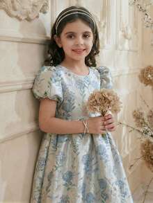 少女公主裙，欧根纱提花面料，高品质材质，优雅提花连衣裙，适合中东、欧洲、美洲等地，是奢华派对、舞台及特殊场合表演的理想之选。 - 杏色 - 查看 4