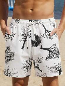 Manfinity RSRT Pantalones cortos casuales de playa con bolsillos en diagonal, cordón en la cintura y estampado total para hombres - Blanco - Ver 3