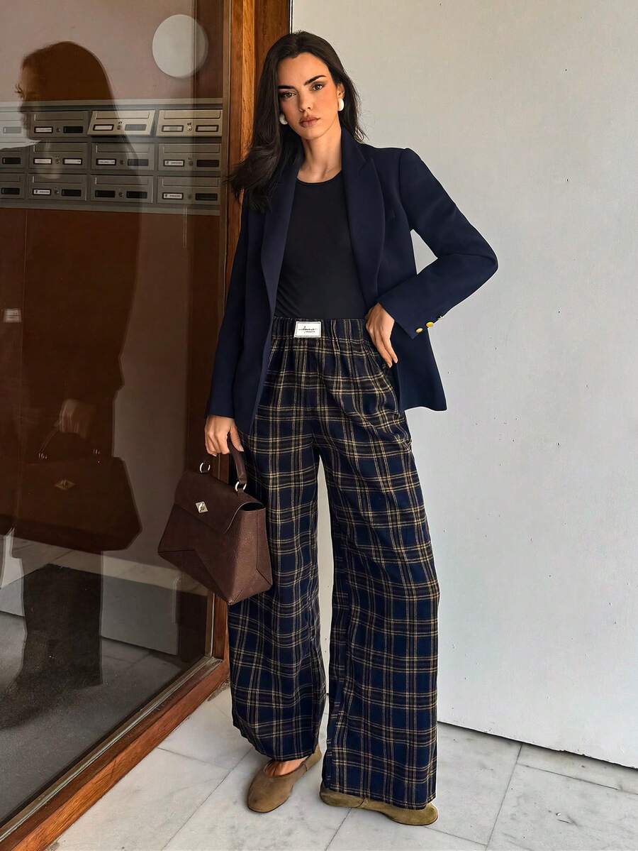 Aidyla 女士格纹拉绒松紧腰休闲宽松裤，秋季 - 彩色 - 查看 1