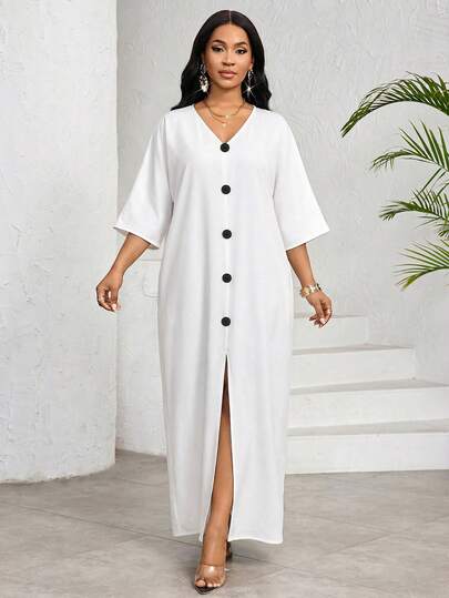 SHEIN Lady Women's Solid Color Minimalist V-Neck Short Sleeve Dress