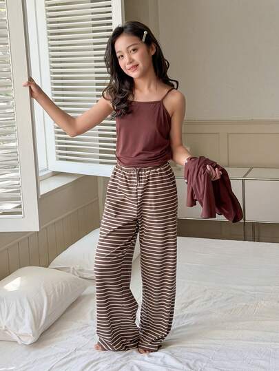 DAZY Tween Girl Solid Color Camisole And Striped Drawstring Waist Wide Leg Pants Casual Loungewear Set