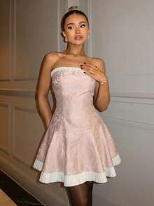 SHEIN Glamour Gramin Women's Black Velvet Stitching Contrasting Pleated Fashion Is Simple And Charming. Strapless Large Skirt Zipper Mini Dress Princess Style Elegant And Generous Suitable For Date Parties And Valentine's Day Date Wear Versatile Item - Pink - View 5