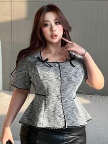 Dazy Plus 大码蝴蝶结装饰收腰优雅短袖露脐开衫T恤，春夏款 - 灰色 - 查看 7