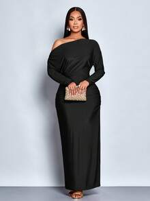 SOLERSUN 女士优雅不对称领口长袖褶皱修身连衣裙，适合圣诞派对、度假和约会 - 黑色 - 查看 4