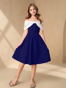 Tween Girls' Off-Shoulder Bow Tie Ruffle Hem Dress, Elegant Casual Vacation Wear, Pink, Spring/Summer - Navy Blue - View 5