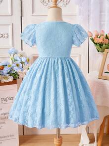 Cute Yellow Lace Trim A-Line Dress With Flutter Sleeves For Toddler Girls, Soft & Adorable Design Suitable For Family Gatherings And Outdoor Activities, Spring/Summer - Baby Blue - View 2