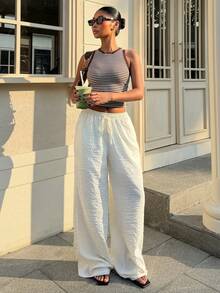 SHEIN EZwear White Woven Drawstring Wide Leg Casual Lounge Pants,Vacation Outfits Women, Beach Outfits For Woman, Rave Outfits, Hawaii Outfits Women Island Vacation Outfits - White - View 3