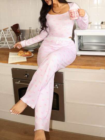 Lowkey Lull 2 piezas Conjunto de sudadera y pantalones minimalista cómodo con decoración de lazo rosa pálido, ropa de dormir y de estar en casa unisex elegante de otoño para mujer