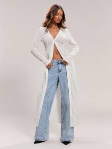 SHEIN ICON Women's Floral Lace Long Sleeve Single-Breasted Thin Jacket - Beige - View 4