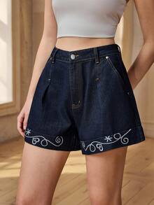 Selenza 女士夏季休闲刺绣卷边牛仔短裤 - 深色水洗藍 - 查看 4