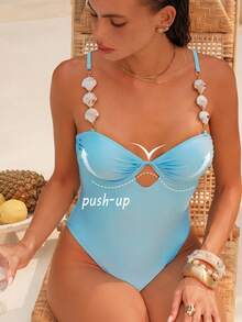 Swim Chiccia 1pc Women's Sexy Solid Color Shiny Nylon Underwire One-Piece Swimsuit With Fashionable Shell Chain Strap, Spring/Summer - Baby Blue - View 4