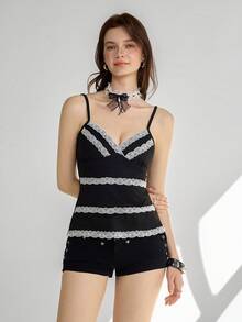 Ardnt Áo hai dây ren phối màu retro, thời trang và đa năng cho mùa hè đi làm, dành cho nữ. - màu đen - Xem 6