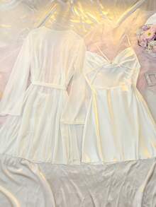 DelicateAllure French Romantic Sheer Lace Patchwork Satin Robe & Backless Satin Nightgown Set, Sexy Plus Size Lingerie - White - View 7